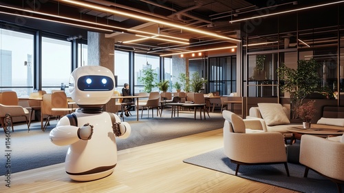 Robot in modern office; people, plants, furniture.