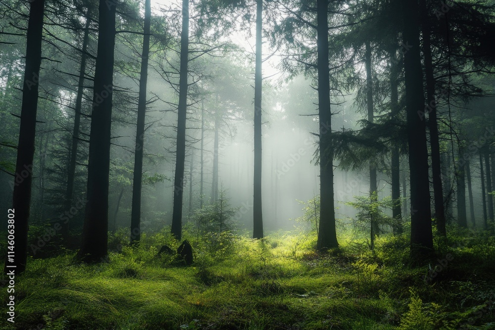 A dense forest with many tall trees, ideal for use as a background or in nature-inspired designs A dense forest with many tall trees, ideal for use as a background or in nature-inspired designs