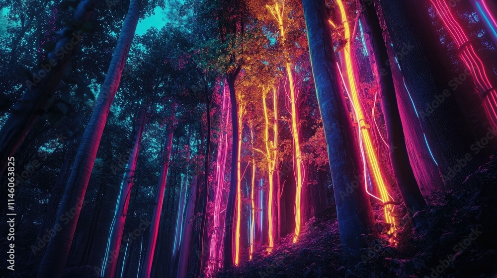 Fototapeta premium Surreal Forest Scene with Neon Lights and Vibrant Colors Illuminating Tall Trees at Dusk in a Mystical Landscape