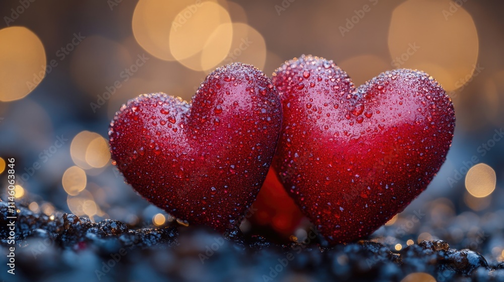 Fototapeta premium Couple of red hearts on snowy ground, perfect for romantic winter scenes and Valentine's Day celebrations