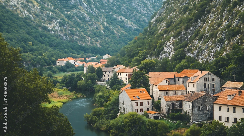Fototapeta premium Serene Mountain Village Photo: Lush Valley Vista. AI Generated