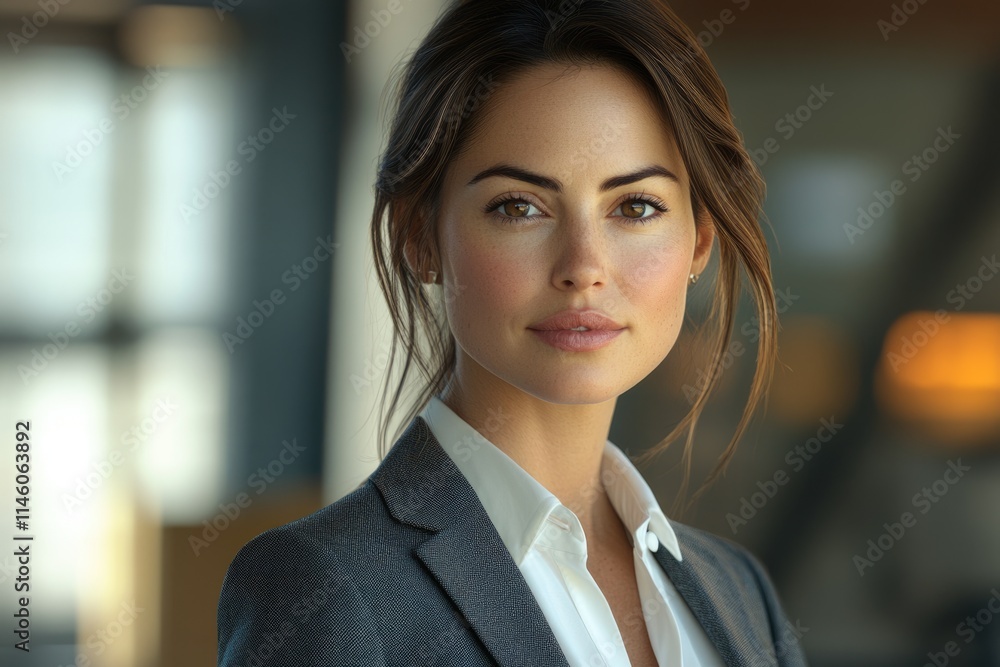 A confident woman in a grey suit, exuding professionalism and elegance in a modern office setting. A confident woman in a grey suit, exuding professionalism and elegance in a modern office setting.