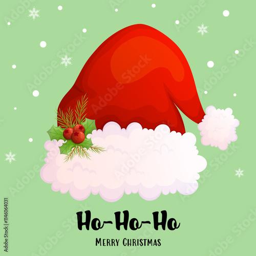 Happy holidays card with cartoon santa claus hat decorated wit mistletoe holly berry and christmas tree branch.