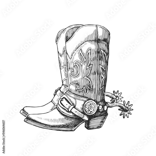 Vector hand-drawn illustration of cowboy boots. American pioneer shoes. Black and white sketch of Wild West symbol. Engraving style.