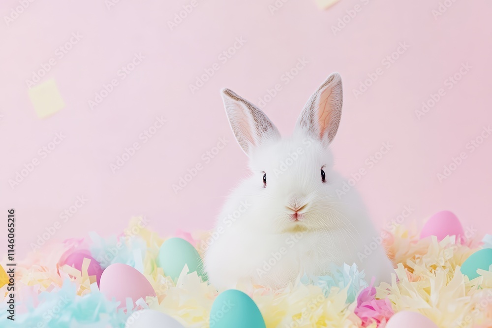 Obraz premium Adorable Easter Bunny with Colorful Eggs and Ribbons on Pastel Background
