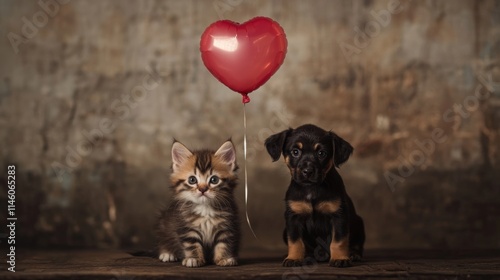 A playful kitten and a small puppy are positioned beside each other, both gazing at the viewer. photo