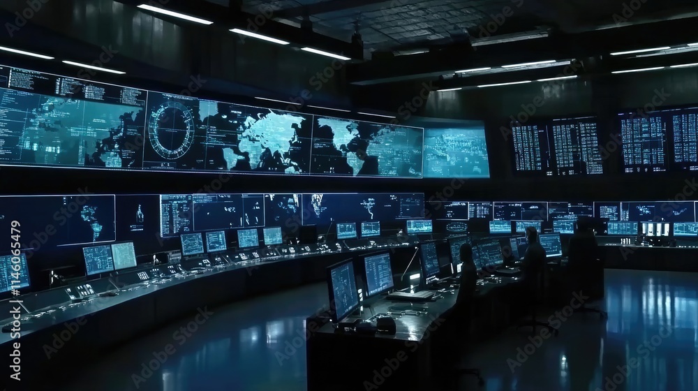 Stylish High-Tech War Room with Real-Time Military Strategy Screens, Detailed Maps, and Encrypted Communication, Embodiment of Strategic Command. Stylish High-Tech War Room with Real-Time Military Strategy Screens, Detailed Maps, and Encrypted Communication, Embodiment of Strategic Command.