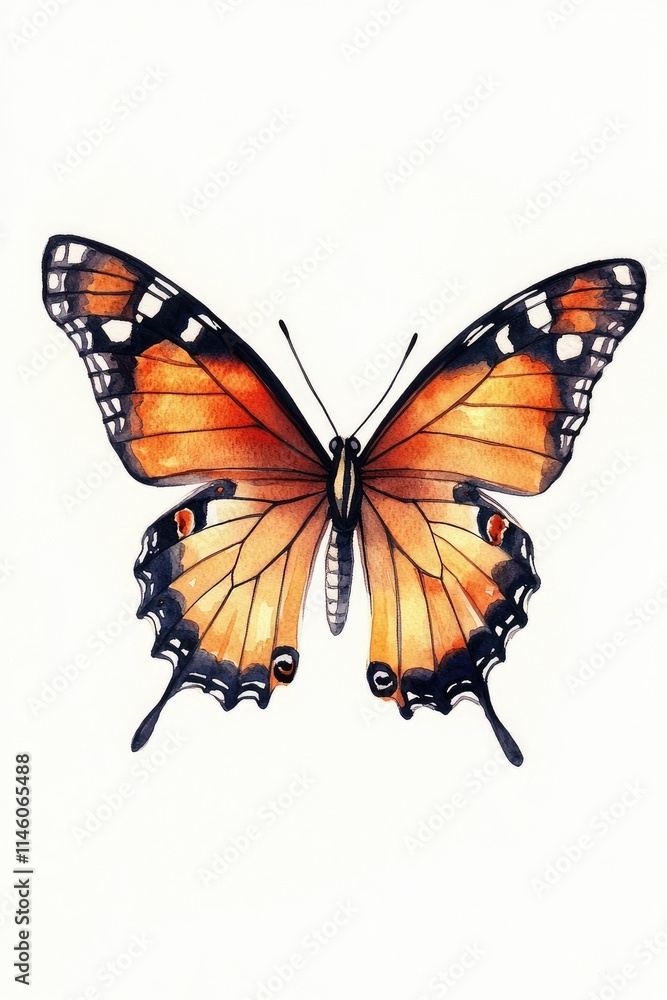 Vibrant Watercolor Illustration of a Monarch Butterfly with Detailed Wing Patterns on a White Background Vibrant Watercolor Illustration of a Monarch Butterfly with Detailed Wing Patterns on a White Background