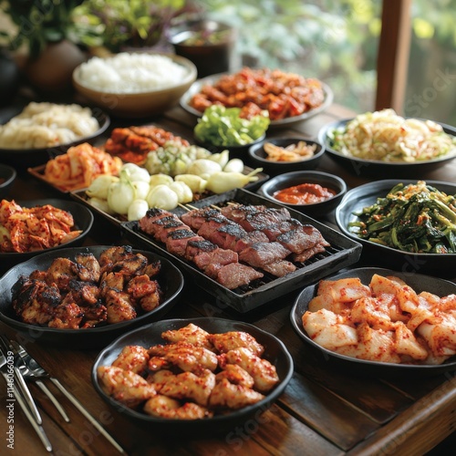 Korean barbecue scene, with the table filled with grilled meats such as beef, pork belly and marinated chicken, as well as various side dishes