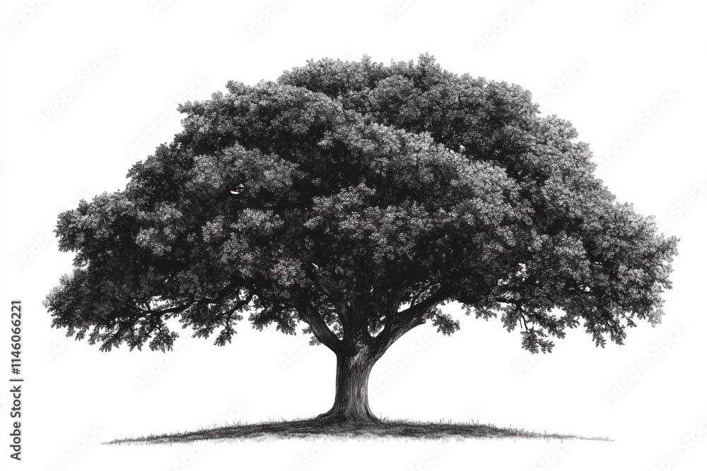Fototapeta premium Large, solitary tree with full, dark foliage isolated on white background.