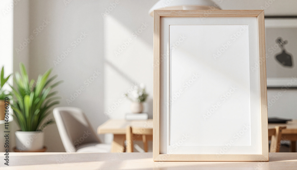 Naklejka premium Wooden picture frame on desk in sunlit room.