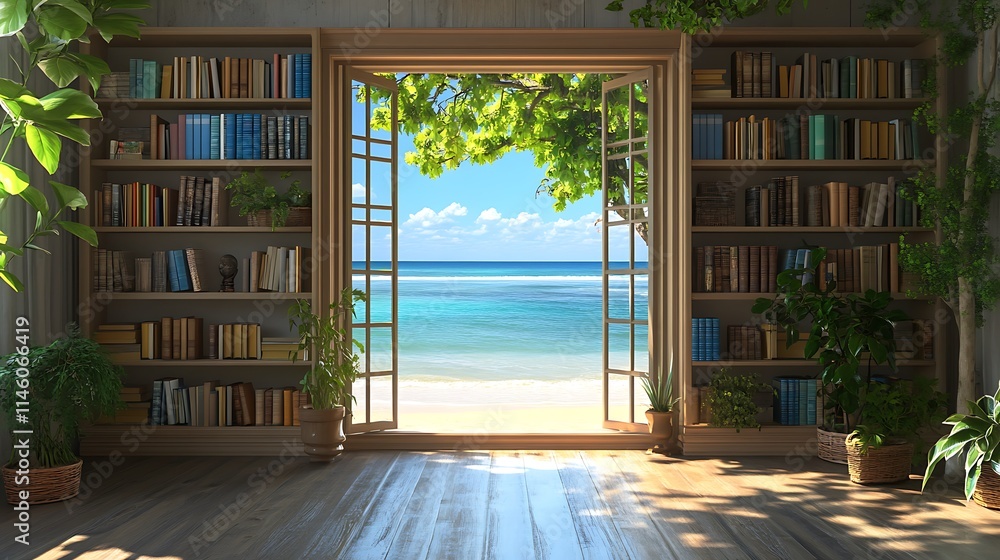 Serene Coastal Library 3D Render: Idyllic Beach View. AI Generated Serene Coastal Library 3D Render: Idyllic Beach View. AI Generated