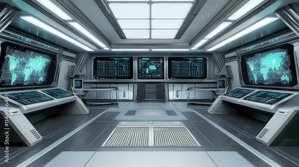 Obraz premium Stylish High-Tech War Room with Real-Time Military Strategy Screens, Detailed Maps, and Encrypted Communication, Embodiment of Strategic Command. 