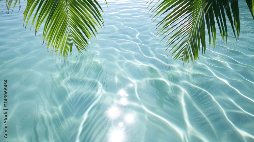 Gentle ripples on turquoise water surrounded by palm leaves during a sunny day in a tropical location Gentle ripples on turquoise water surrounded by palm leaves during a sunny day in a tropical location