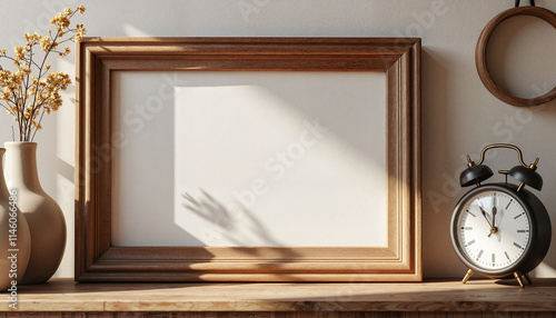 Horizontal wooden picture frame with decor on a shelf.