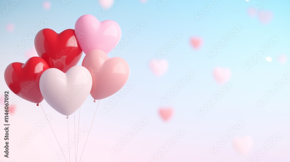 Heart-Shaped Pink and Red Balloons Floating Against a Soft Pastel Gradient Background Heart-Shaped Pink and Red Balloons Floating Against a Soft Pastel Gradient Background