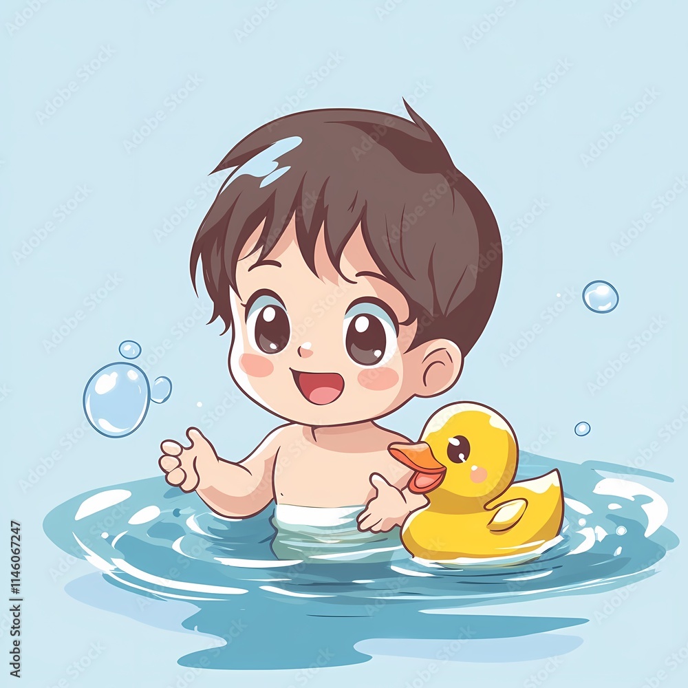 Adorable Baby Boy Enjoying Bath Time with Rubber Duck Adorable Baby Boy Enjoying Bath Time with Rubber Duck