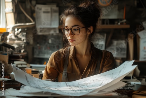 A young woman with glasses attentively reviews blueprints in a cluttered workshop. photo