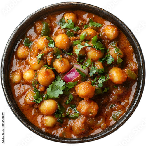 Top view of an extremely perfect looking Chole Pindi in a dark bronze dish isolated on a white transparent background photo