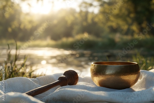 Sunrise serenity with Tibetan singing bowl near tranquil river