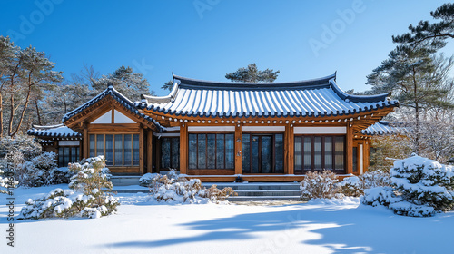 Wallpaper Mural A bookstore in traditional Korean "Hanok" style, book cafe, oriental architectural landscape, pavilion in the snow Torontodigital.ca