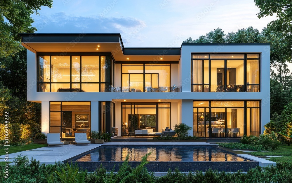 Luxury Modern House Design with Pool at Dusk Luxury Modern House Design with Pool at Dusk