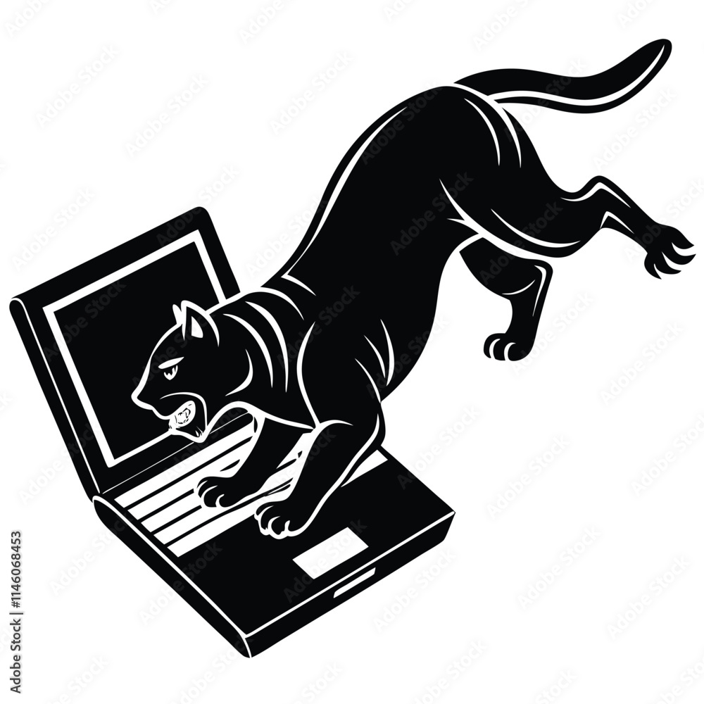A vector silhouette of a tiger diving into the water from a laptop, vector silhouette A vector silhouette of a tiger diving into the water from a laptop, vector silhouette