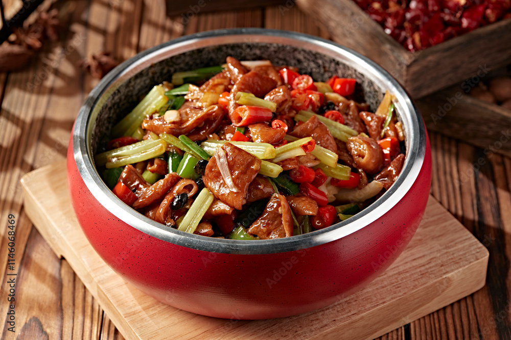 Braised pork intestines with black bean sauce, rice, pepper and celery