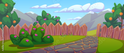 Home backyard with spring mountain view. Vector cartoon illustration of green yard with fruit trees and flowers on bushes, stone path, wooden fence, glacier on high peaks, clouds in blue summer sky
