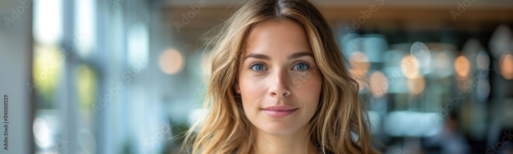 Blond woman with blue eyes looking at camera in a restaurant, portrait, banner, copy space Blond woman with blue eyes looking at camera in a restaurant, portrait, banner, copy space