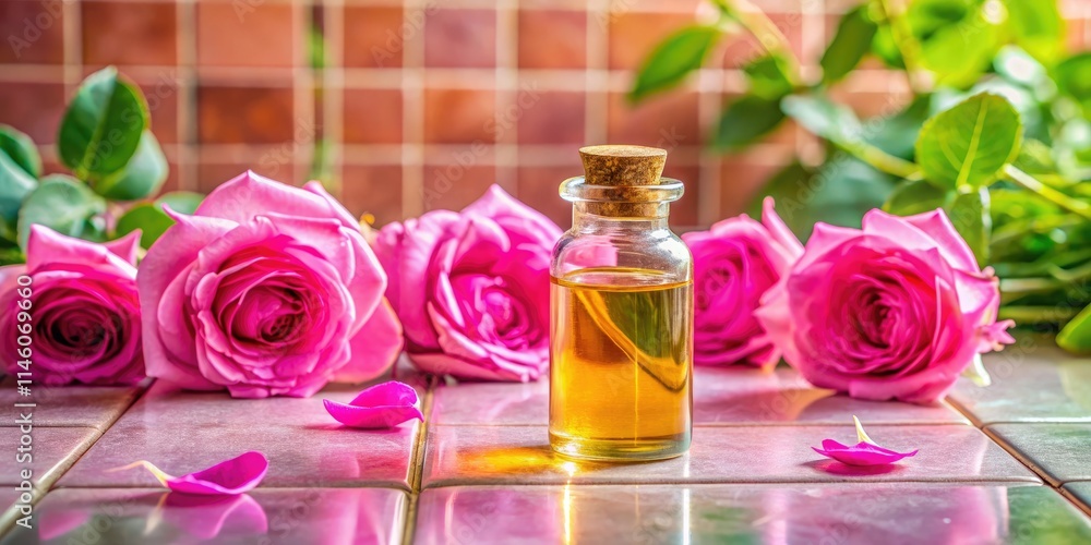 Pink tile countertop, rose and essential oil, peaceful spa landscape. Pink tile countertop, rose and essential oil, peaceful spa landscape.