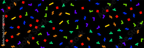 Old-school geek pixel leisure game seamless bg with tetramino shapes. Simple vector kid brick pattern on black background.