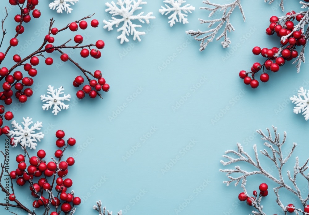 Festive Winter Scene with Red Berries, Snowflakes, and Icy Branches on a Soft Blue Background for Holiday Decorations and Celebrations Festive Winter Scene with Red Berries, Snowflakes, and Icy Branches on a Soft Blue Background for Holiday Decorations and Celebrations