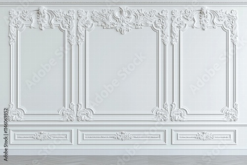 A beautifully ornate white wall featuring intricate moldings and decorative elements. The design includes framed sections and detailed carvings, creating an elegant and classic appearance. photo