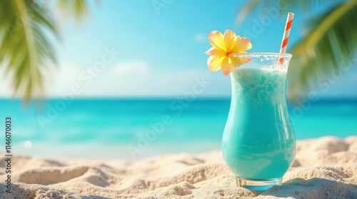  blue margarita cocktail or blue hawaiian drink, beach, generative ai