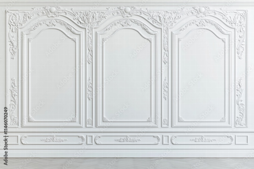 A classic interior wall with ornate white paneling and decorative moldings. The wall features three empty frames, ideal for showcasing art or photographs. A classic interior wall with ornate white paneling and decorative moldings. The wall features three empty frames, ideal for showcasing art or photographs.