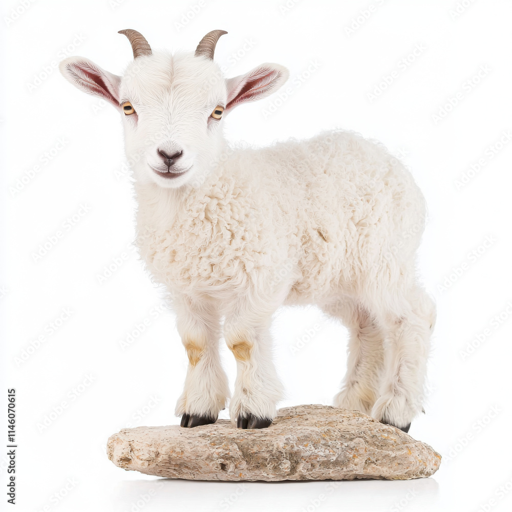 Fluffy goat standing on rock, showcasing its adorable features and charm Fluffy goat standing on rock, showcasing its adorable features and charm