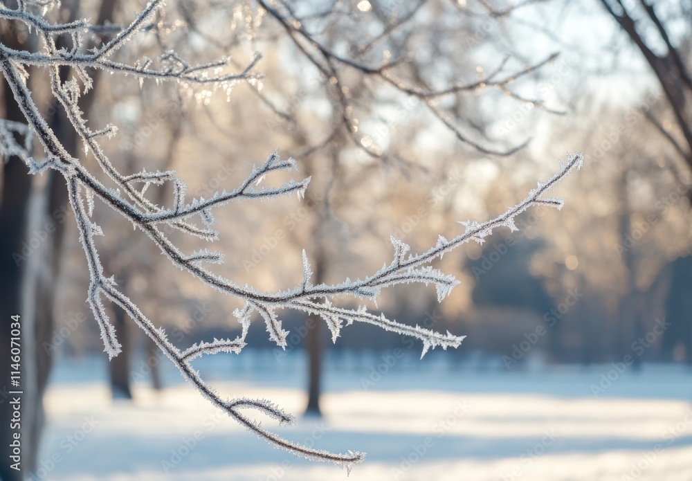 Fototapeta premium Frost-Covered Branches in a Winter Landscape with Soft Sunshine and a Blur of Trees in the Background Creating a Serene Atmosphere of Seasonal Beauty