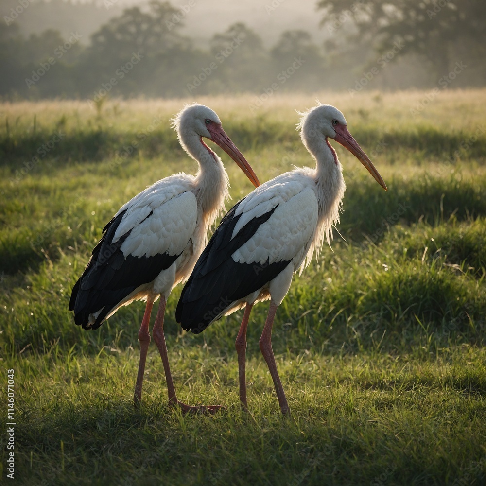 Fototapeta premium A pair of storks standing side by side in a grassy meadow, with a soft mist rolling in.