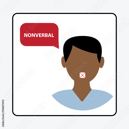 Man with a red x symbol on his mouth and a speech bubble with the message nonverbal