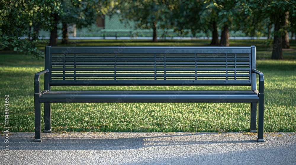 A simple park bench on a path surrounded by grass and trees, inviting relaxation.