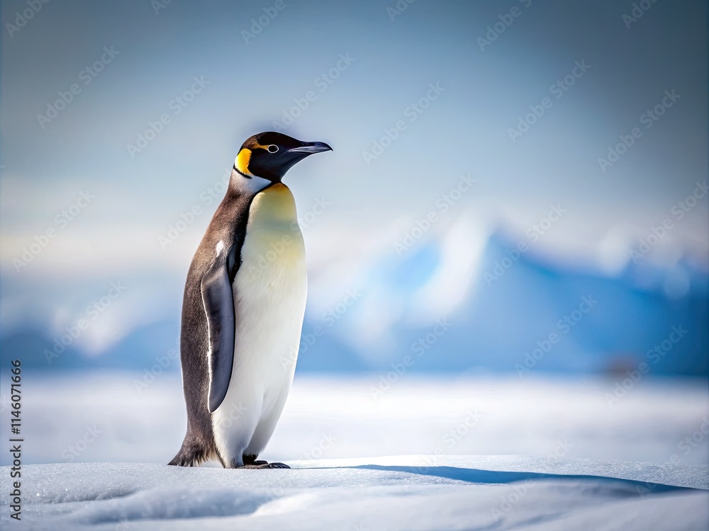 Fototapeta premium Snowy landscape: a lone penguin, minimalist winter wildlife.