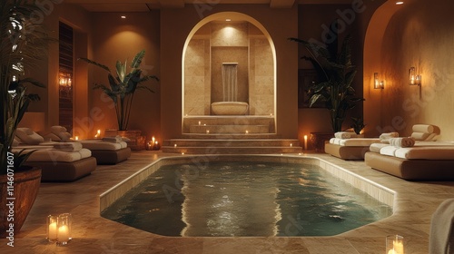 Opulent Spa Setting, White Stone Hot Tub with Plush Chairs and Candles, Beige Walls, Recessed Lighting