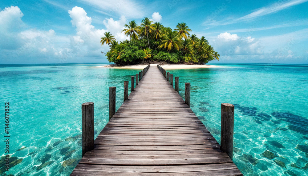Wooden pier leading to a tropical island Wooden pier leading to a tropical island