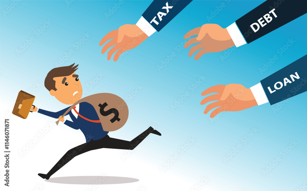 A vector illustration of businessman running away from tax , loan and debt for crisis business concept. A vector illustration of businessman running away from tax , loan and debt for crisis business concept.