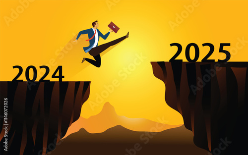 Businessman jump between 2024 and 2025 years and through on the gap of hill silhouette evening blue sky background. happy new year concept.vector