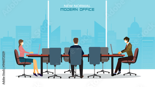 Business meeting lifestyle after pandemic covid-19 coronavirus. New normal is social distancing and wearing mask. Flat design style vector concept