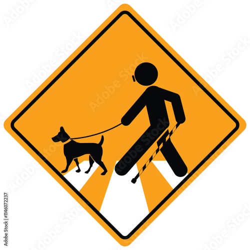 Blind man with guide dog on zebra crossing . Blindman in sunglasses with cane and his doggy. vector