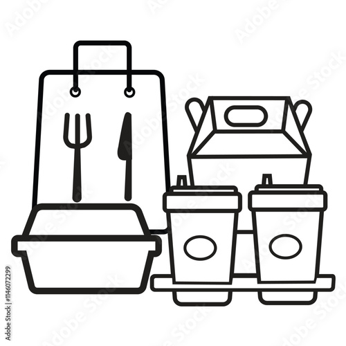 Take away pakaging with paper food bag,coffee cup and  Fast food carrying box container line icon,  symbol sign line icon on white background. Symbol, logo illustration.