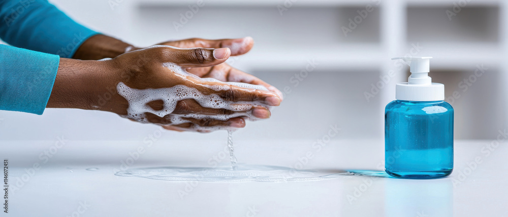 Obraz premium Norovirus outbreak concept and health themes, Person washing hanmads with soap near a blue bottle, emphasizing hygiene and cleanliness in a bright, modern setting.
